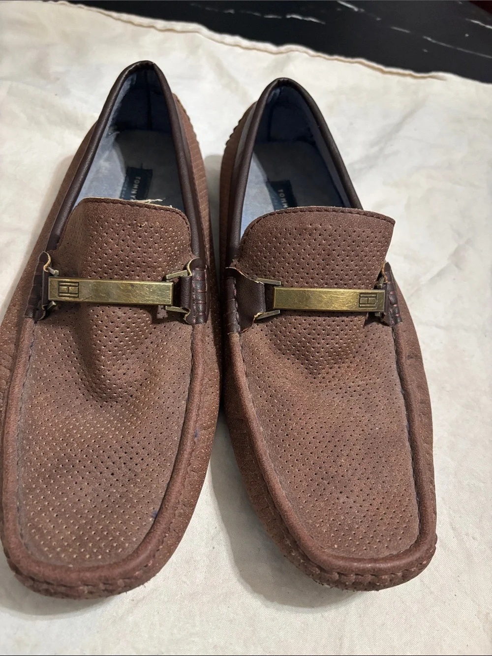 Tommy Hilfiger Brown Perforated Suede Slip-On Loafers with Brass Bar